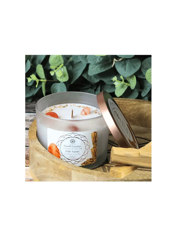 Bougie de Lithothérapie Énergie positive à la cornaline et au Palo Santo – Magnétisée par mes soins en cadeau un cristal de cornaline