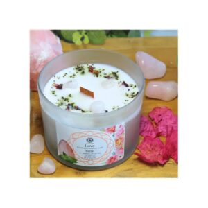 Bougie de Lithothérapie Amour au Quartz Rose et à l’Huile Essentielle de Rose –  magnétisée par mes soins - En cadeau un cristal de quartz rose