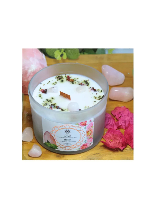 Bougie de Lithothérapie Amour au Quartz Rose et à l’Huile Essentielle de Rose –  magnétisée par mes soins - En cadeau un cristal de quartz rose