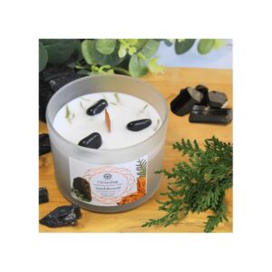 Bougie de Lithothérapie Nettoyage énergétique à la tourmaline noire et au bois de Santal,– Magnétisée par mes soins en cadeau un cristal de cornaline