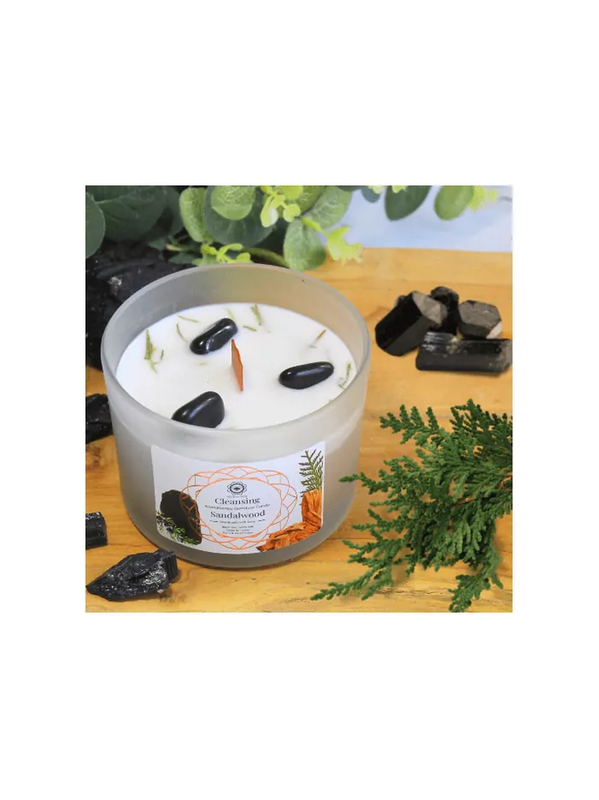 Bougie de Lithothérapie Nettoyage énergétique à la tourmaline noire et au bois de Santal,– Magnétisée par mes soins en cadeau un cristal de cornaline