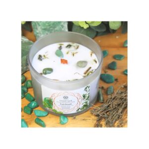 Bougie de Lithothérapie Chance a l’aventurine et à l’Huile Essentielle de Patchouli – magnétisée par mes soins - en cadeau un cristal d'Aventurine