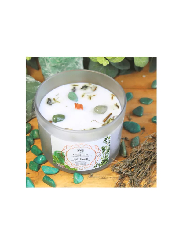 Bougie de Lithothérapie Chance a l’aventurine et à l’Huile Essentielle de Patchouli – magnétisée par mes soins - en cadeau un cristal d'Aventurine