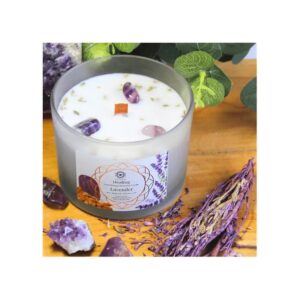 Bougie de Lithothérapie Guérison avec améthyste et à l’Huile Essentielle de Lavande – magnétisée par mes soins - en cadeau un cristal d'améthyste