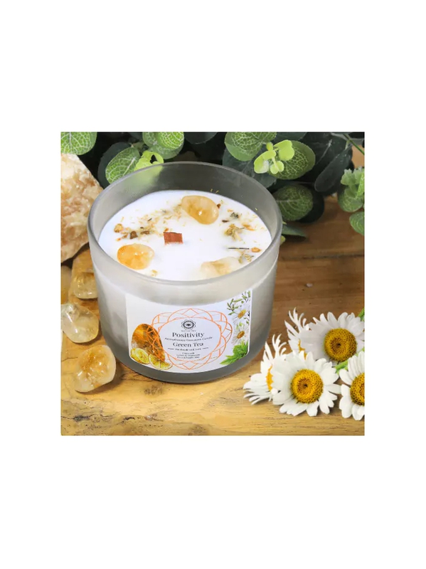 Bougie de Lithothérapie Positivité à la citrine et au Thé Vert – Magnétisée par mes soins en cadeau un cristal de citrine