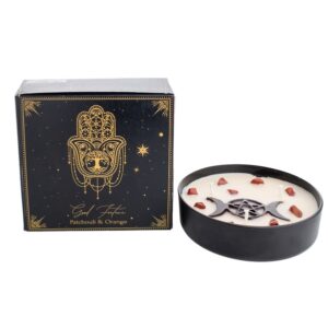 Bougie parfumée ésotérique Good Fortune décorée d'éclats de jaspe rouge- Patchouli et Orange