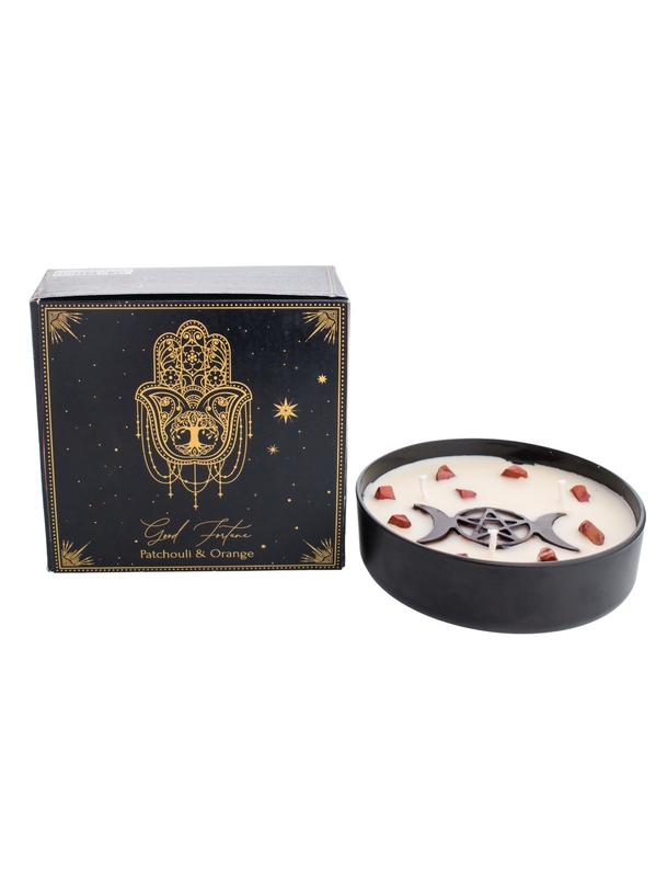 Bougie parfumée ésotérique Good Fortune décorée d'éclats de jaspe rouge- Patchouli et Orange