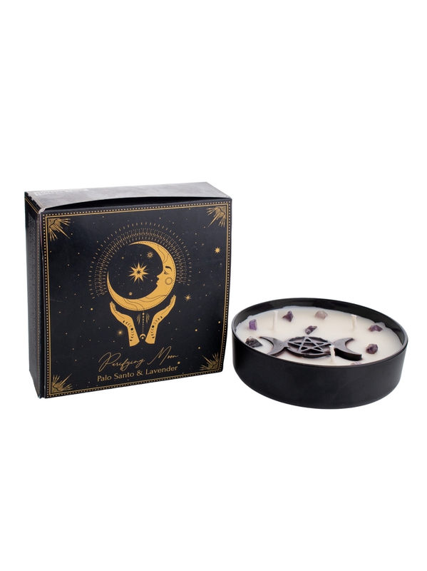 Bougie parfumée Esotérique Purifying Moon décorée d'éclats d’améthyste- Palo Santo et Lavande